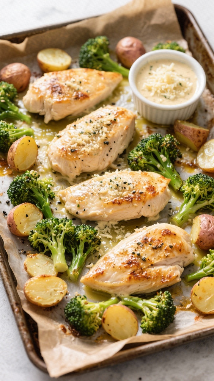 Overhead sheet-pan scene for Sheet-Pan Creamy Garlic Parmesan Chicken Bake With Veggies: four boneless chicken breasts arranged among halved baby potatoes and vibrant broccolini/broccoli florets, all glistening with olive oil, kosher salt, and black pepper; golden edges on potatoes, bright green veg, and lightly browned chicken; a small ramekin of creamy garlic-Parmesan sauce ready for drizzling on the side; baked-on caramelization marks on the pan, rustic parchment, bright natural light for a clean, family-style vibe