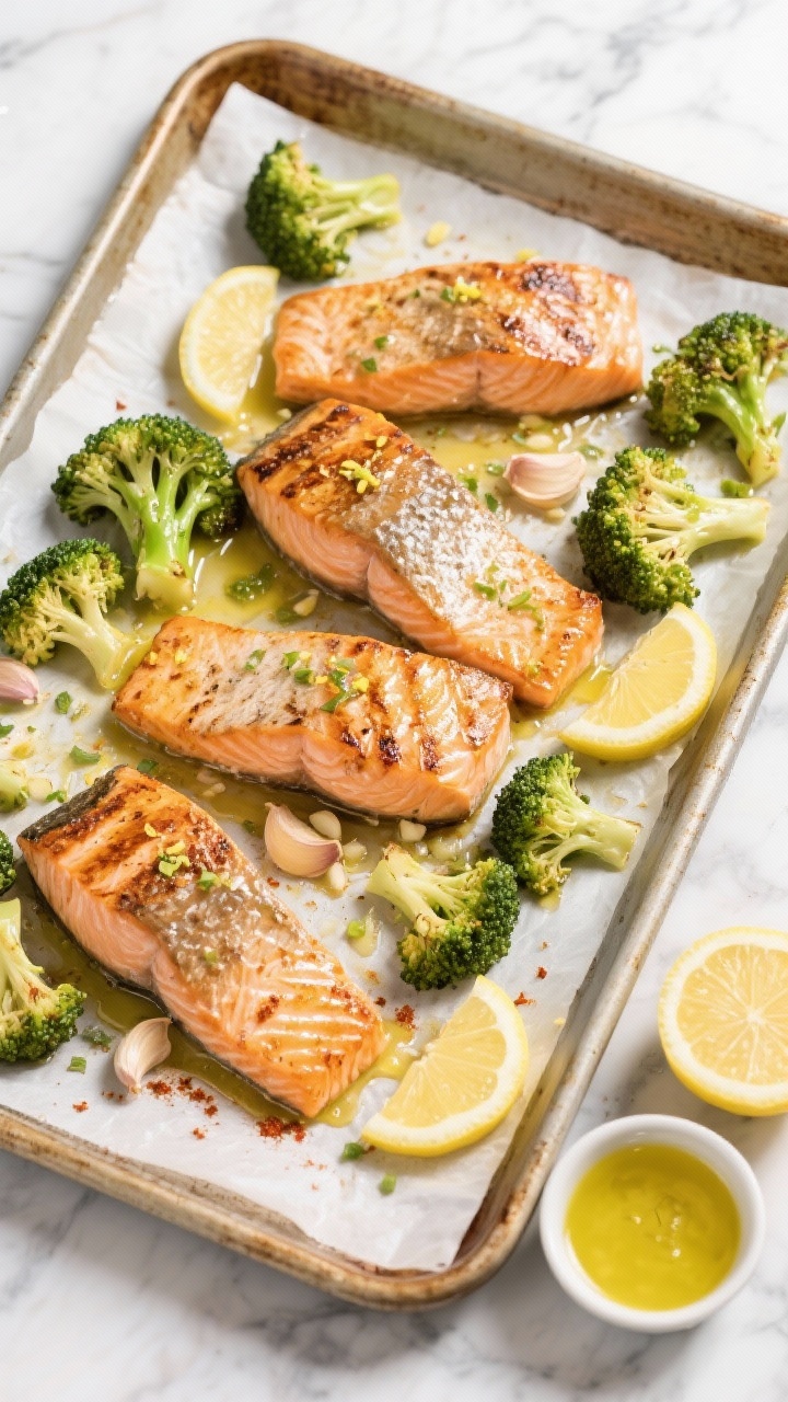 Overhead sheet-pan scene: four skin-on salmon fillets roasted alongside vibrant broccoli florets, glistening with melted lemon butter and olive oil; visible lemon zest, lemon slices, and minced garlic scattered across, a sprinkle of smoked paprika on salmon, charred broccoli tips; set on a parchment-lined rimmed pan over a light marble surface, small bowl of extra lemon-butter sauce and a halved lemon nearby, crisp, bright, appetizing, natural daylight.