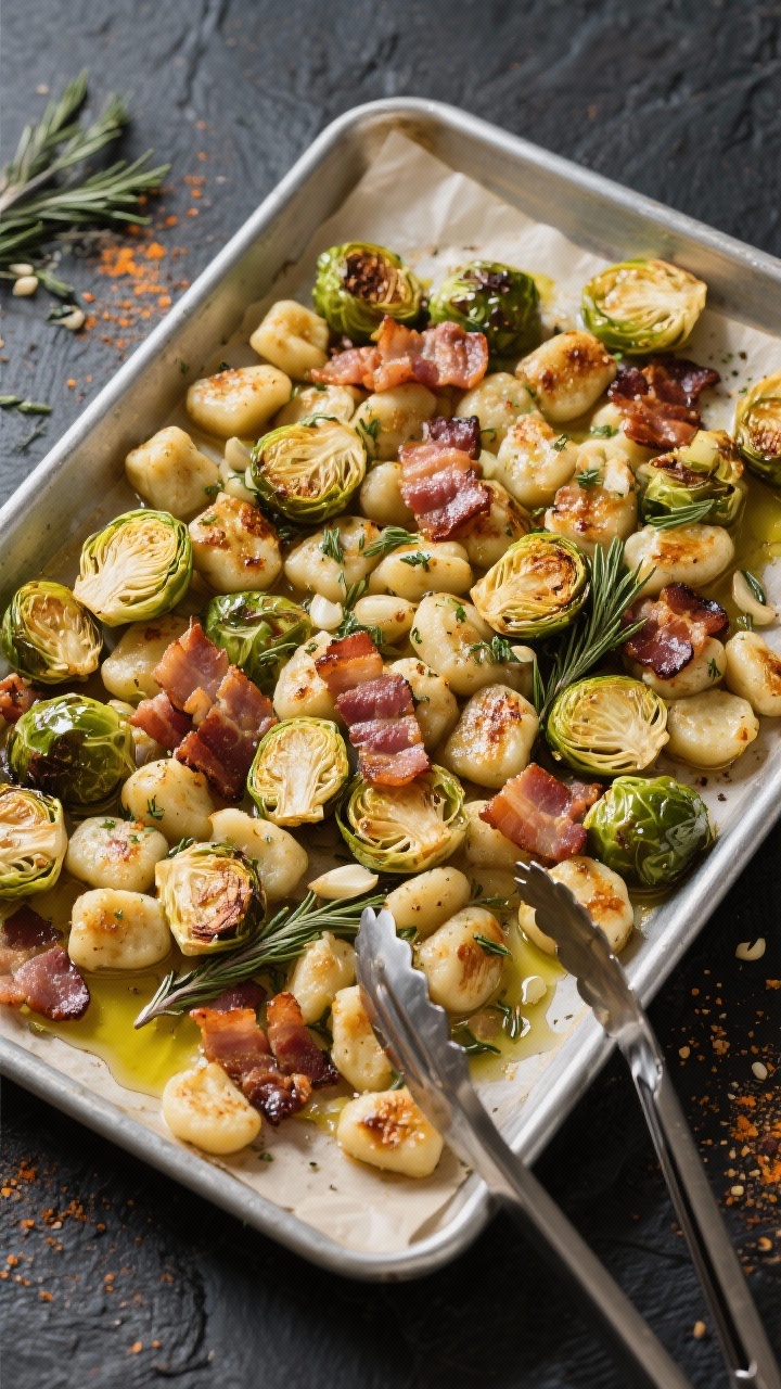 Overhead sheet-pan scene of Garlic-Herb Keto Gnocchi with Brussels and Bacon: a large metal sheet pan loaded with roasted halved Brussels sprouts, crisped bacon pieces, and blistered keto gnocchi, glistening with olive oil; visible speckling of garlic powder, onion powder, dried thyme, and dried rosemary; caramelized edges and rendered bacon fat pooling slightly; set on a parchment-lined pan over a dark slate surface; tongs resting on the corner to suggest just-roasted, golden, savory textures.