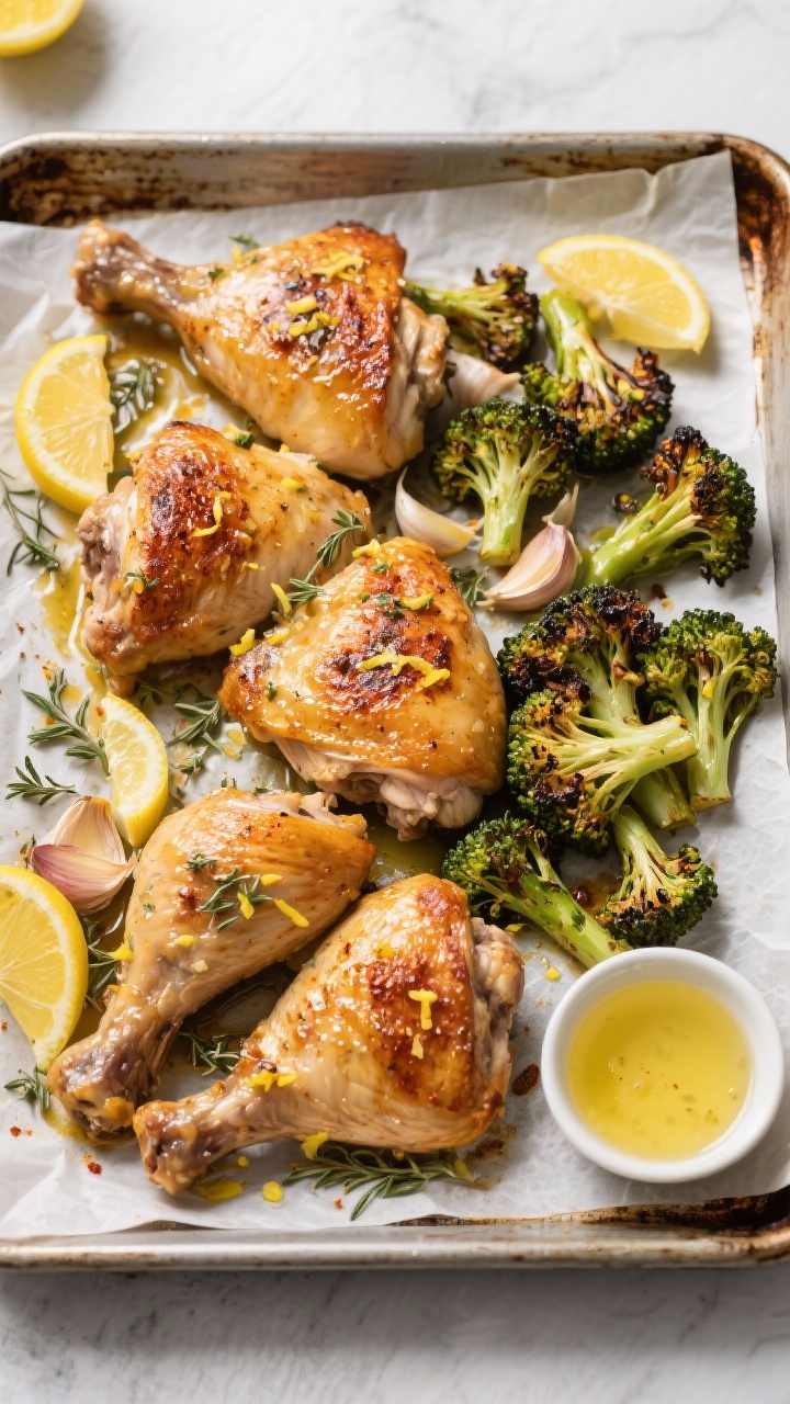 Overhead sheet-pan shot of roasted bone-in, skin-on chicken thighs glistening with lemon zest, olive oil, minced garlic, dried oregano, thyme, and smoked paprika, nestled beside charred garlicky broccoli florets; visible lemon wedges and a small bowl of lemon juice on the side, golden crispy chicken skin and caramelized broccoli tips, on a parchment-lined metal sheet over a rustic baking tray.