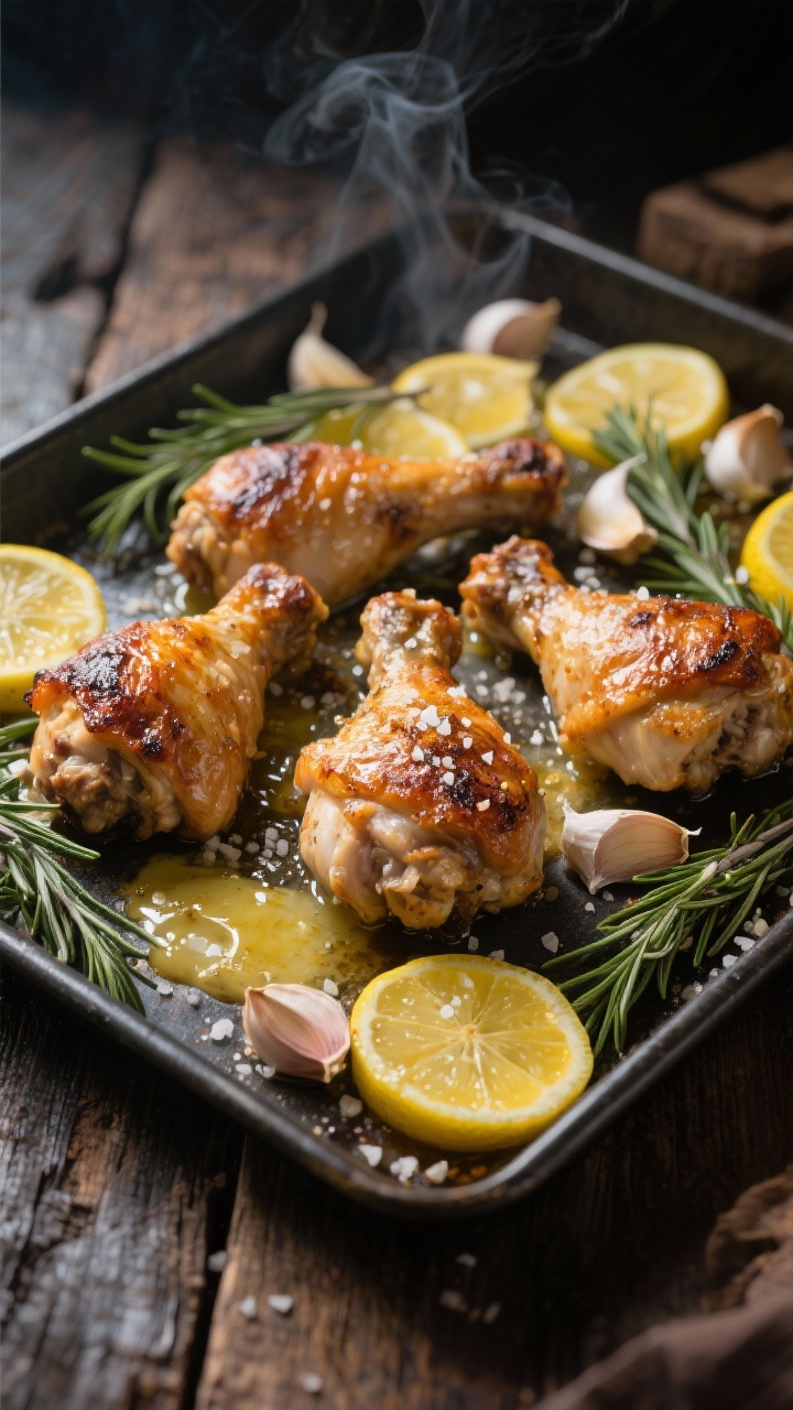 Overhead sheet pan shot of roasted chicken thighs with crispy skin nestled among lemon rounds, smashed garlic cloves, and rosemary sprigs, finished with glossy lemon-garlic butter pooling on the pan; coarse salt flakes visibly clinging to the skin to emphasize “salt-smart” seasoning, on a dark metal sheet pan over a rustic wood surface, moody side light, steam subtly rising.