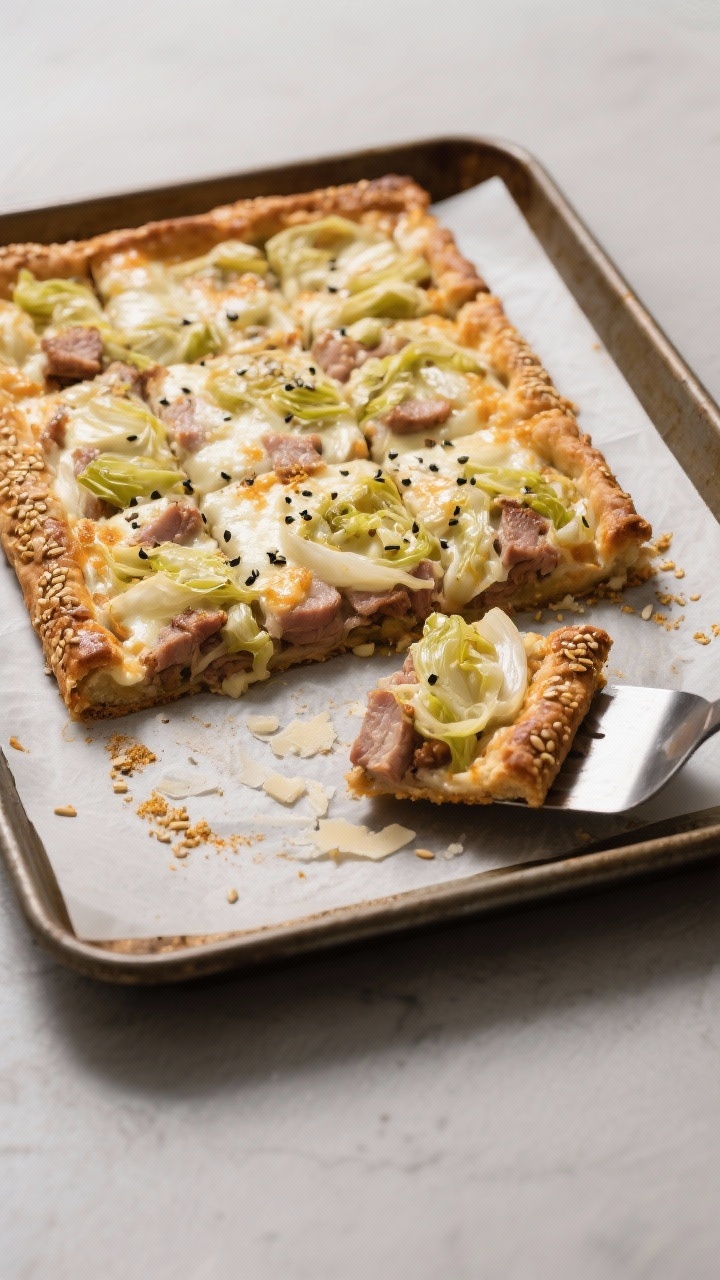 Overhead sheet-pan slab pie featuring pork and pickled cabbage on a faux-cracker crust made from melted mozzarella, Parmesan, and golden flaxseed. The large rectangular pie has a uniform, browned, cheese-flax crust sprinkled with garlic and onion powder; the pork and tangy pickled cabbage topping is evenly spread, with black pepper visible. Sliced into neat squares on parchment-lined sheet pan; a metal spatula lifts a piece to showcase the crisp underside. Neutral backdrop, high contrast to emphasize texture.