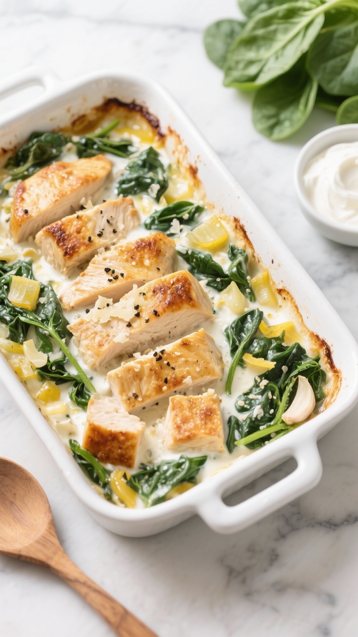 Overhead shot of a baked Chicken Florentine casserole in a white enamel baking dish: golden-browned cubes of boneless skinless chicken breasts nestled in wilted baby spinach, finely chopped yellow onion, and minced garlic, all coated in a silky Greek yogurt cream sauce with a light olive oil sheen; sprinkled with cracked black pepper and a hint of grated Parmesan; styled on a marble surface with a wooden spoon and a small bowl of Greek yogurt and fresh spinach leaves nearby, bright natural light, clean and healthy mood.