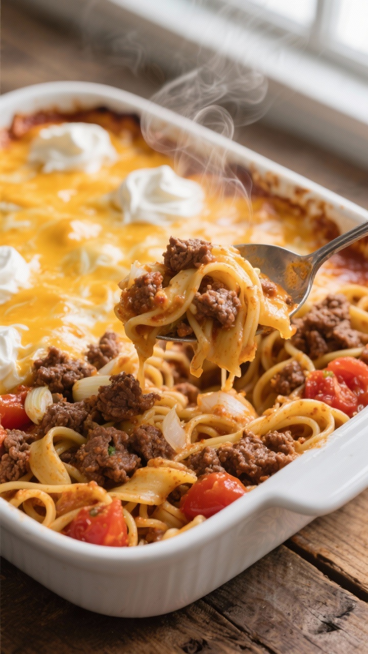 Overhead shot of a bubbling cheesy beef and noodle bake in a white casserole dish: wide egg noodles tangled with browned 85–90% lean ground beef, finely chopped onion, minced garlic, swirls of tomato sauce and drained diced tomatoes, crowned with a deeply golden cheese blanket and dollops of glossy sour cream marbling at the edges; set on a rustic wooden table with a serving spoon lifting a gooey portion, steam visible, warm weeknight comfort mood, natural window light, no people.