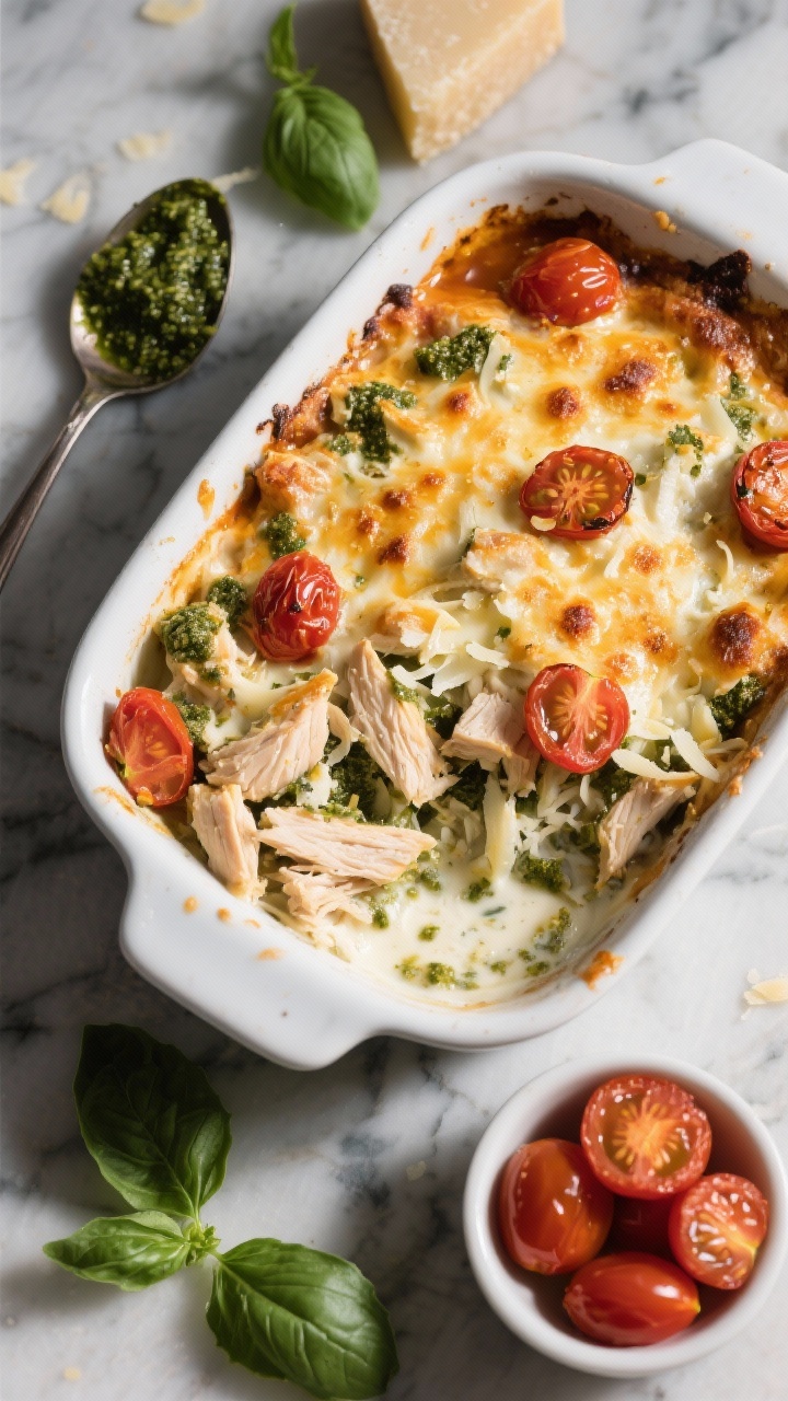Overhead shot of a bubbling Creamy Pesto Chicken Bake in a white enamel casserole: shredded/cubed cooked chicken folded with sugar-free basil pesto, heavy cream, shredded mozzarella, grated Parmesan, and halved roasted cherry tomatoes, with flecks of minced garlic visible. Golden, blistered cheese on top, roasted tomato juices pooling. Styled on a marble surface with a spoonful of vibrant green pesto, a wedge of Parmesan, fresh basil leaves, and a small bowl of halved cherry tomatoes; moody natural light, crisp shadows, no people.