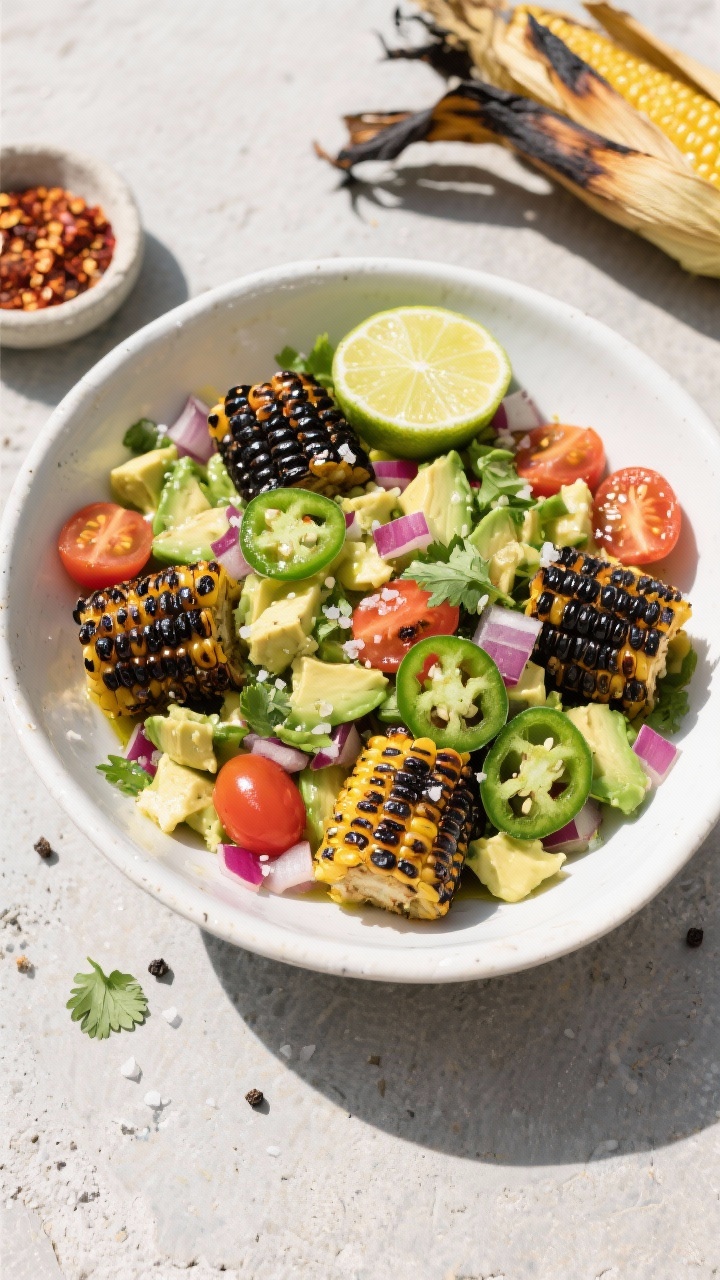 Overhead shot of a charred corn and avocado street salad in a wide white ceramic bowl: blackened kernels cut from 4 ears of grilled corn, creamy diced ripe avocados, halved cherry tomatoes, finely diced red onion, chopped fresh cilantro, thinly sliced seeded jalapeño, all tossed and glistening with lime and a light olive oil sheen; sprinkle of flaky salt and fresh black pepper; styled on a sunlit concrete surface with a lime wedge, charred corn husks, and a small dish of chili flakes nearby; bright, summery color palette and crisp textures.