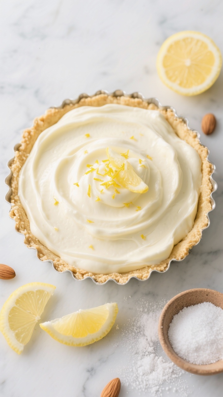 Overhead shot of a chilled Creamy Lemon Cloud Pie set in an almond–shortbread crust: pale lemon silk filling with soft peaks, glossy micro-zest of lemon on top, in a fluted tart pan. Show the crust’s golden crumb made from fine almond flour, a touch of coconut flour, powdered erythritol, and melted butter; a few lemon wedges and a small bowl of powdered sweetener scattered on a cool marble surface. Bright, airy lighting to emphasize the cloud-like texture; no people, crisp professional styling.