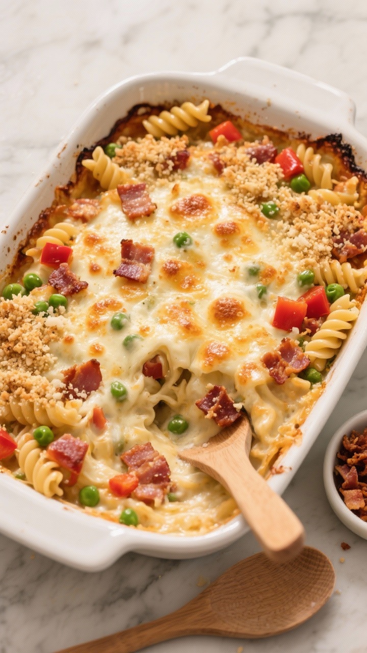 Overhead shot of a Classic Creamy Bake with Extra Crunch fresh from the oven: golden-bubbled mozzarella over rotini, visible crumbled bacon, bright green peas, and red bell pepper dice peeking through; a crunchy breadcrumb-parmesan topping scattered unevenly for texture; styled in a white enamel casserole on a marble surface with a wooden serving spoon and a small dish of extra bacon crumbles at the side, warm neutral light emphasizing creamy sauce sheen.