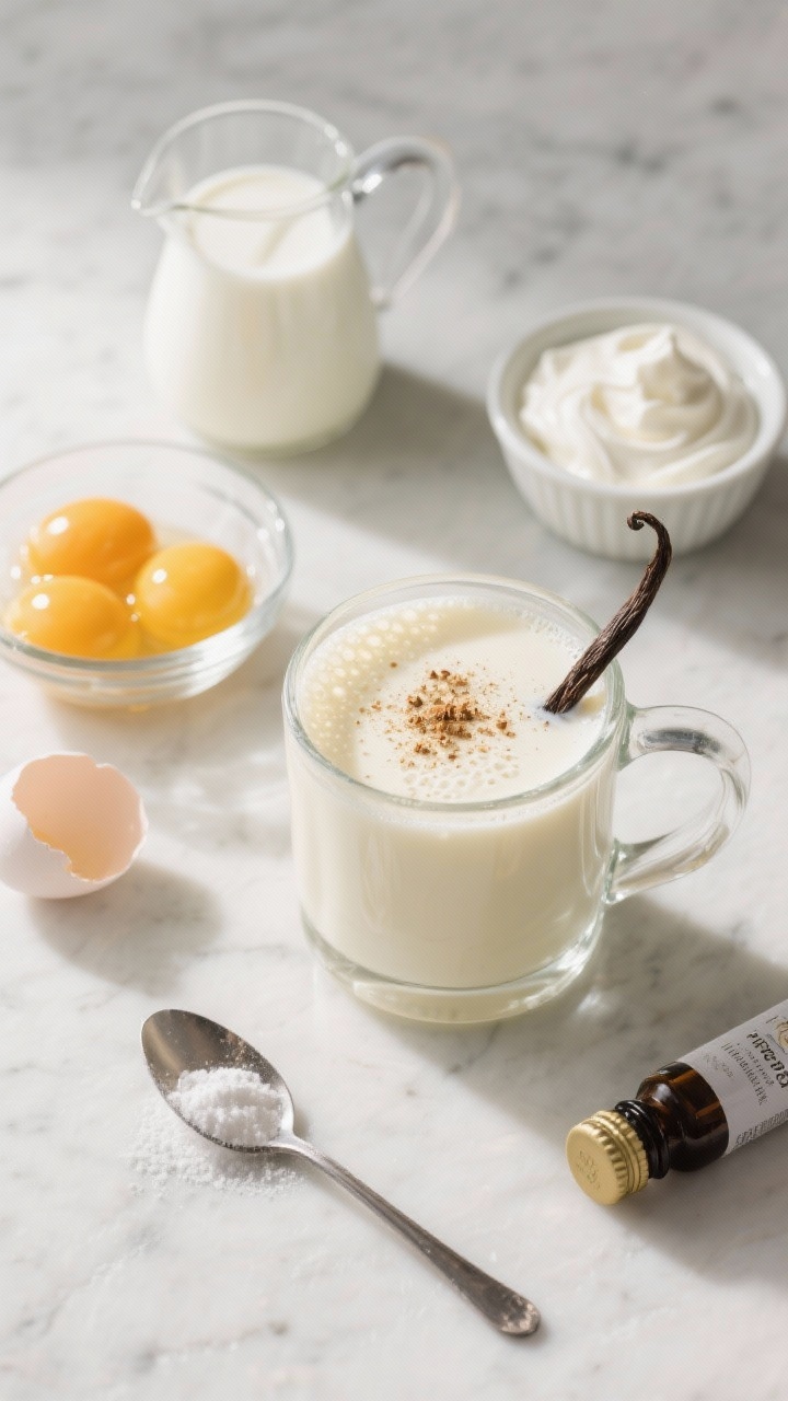 Overhead shot of a classic keto eggnog in a clear glass mug on a marble surface, pale ivory and ultra-creamy with visible micro-bubbles. Garnished with a dusting of freshly grated nutmeg and a vanilla bean beside the mug. Surround the mug with the key ingredients: a small pitcher of unsweetened almond milk, a ramekin of heavy cream, three egg yolks in a glass bowl, a spoonful of powdered allulose, and a bottle cap of vanilla extract. Soft winter morning light, shallow shadows, minimalist styling.