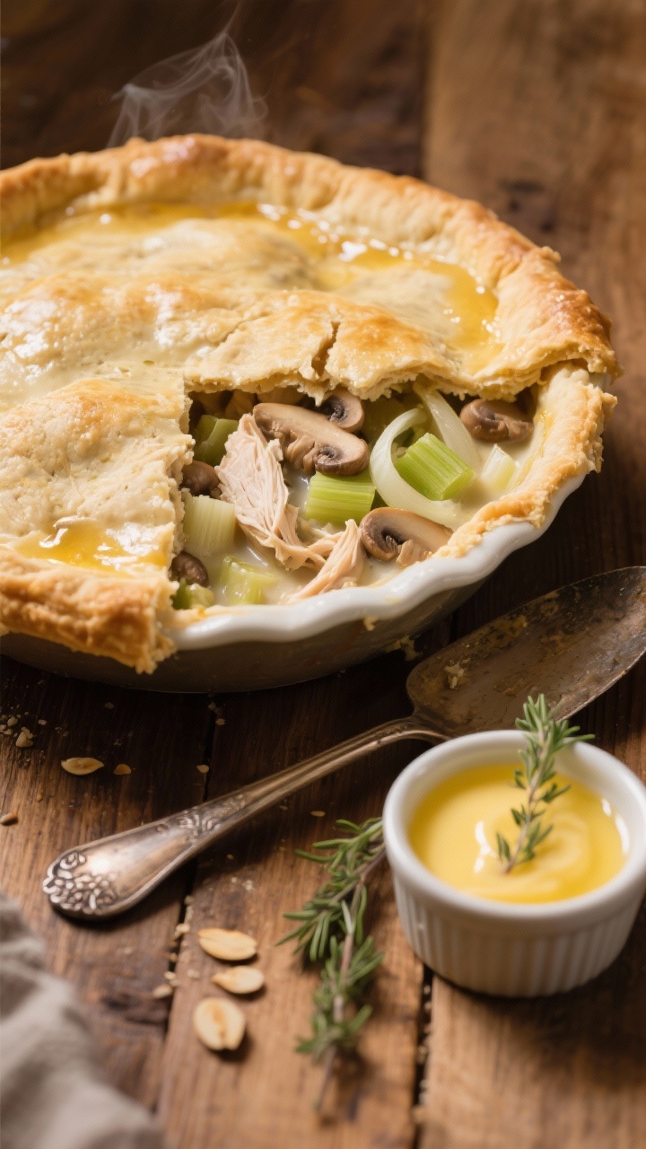 Overhead shot of a classic low-carb chicken pot pie with almond flour crust just cracked open to reveal a creamy filling: butter-sautéed onion and celery, sliced mushrooms, minced garlic, and tender shredded chicken. Golden, slightly rustic almond crust with flaky texture, bubbling gravy peeking through vents, set on a warm wooden table with a vintage pie server and a small ramekin of melted butter and fresh thyme leaves. Cozy, soft afternoon light, shallow depth for appetizing steam and gloss.