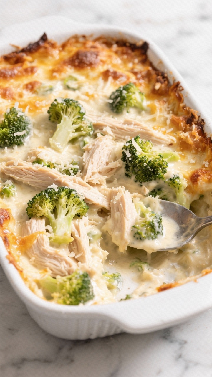 Overhead shot of a creamy chicken broccoli bake just out of the oven in a white ceramic casserole: tender shredded chicken and vibrant broccoli florets enveloped in a glossy heavy-cream and cream-cheese sauce, bubbling edges, golden crispy Parmesan and mozzarella crust with browned gratin flecks, scattered grated Parmesan on top, set on a marble surface with a serving spoon revealing the creamy interior; soft natural window light, high contrast, appetizing steam.