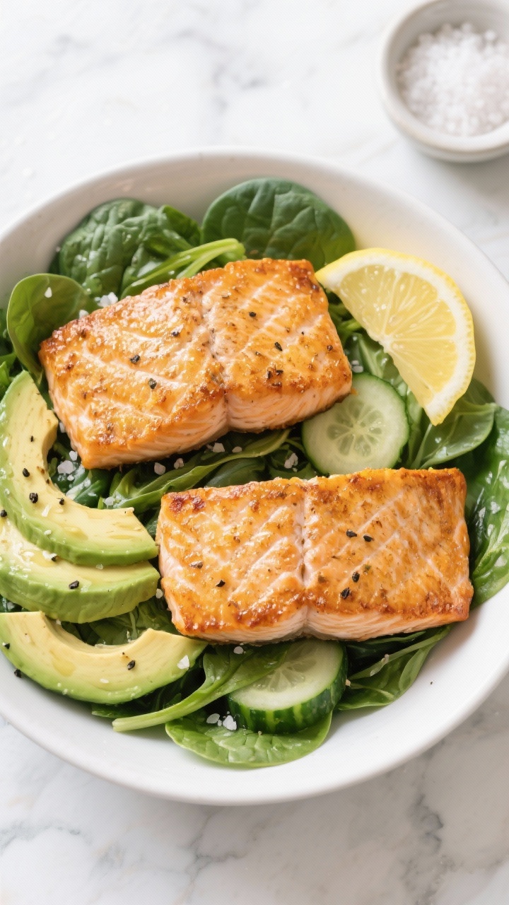 Overhead shot of a Crispy Salmon Power Bowl: two seared, skin-on salmon fillets with crackling golden skin over a bed of baby spinach and mixed greens, sliced ripe avocado fanned, half-moon English cucumber slices, a sprinkle of sea salt and black pepper; avocado oil sheen visible, styled in a wide matte-white bowl on a light marble surface with lemon wedges and a small pinch bowl of sea salt nearby, bright, clean keto vibe.