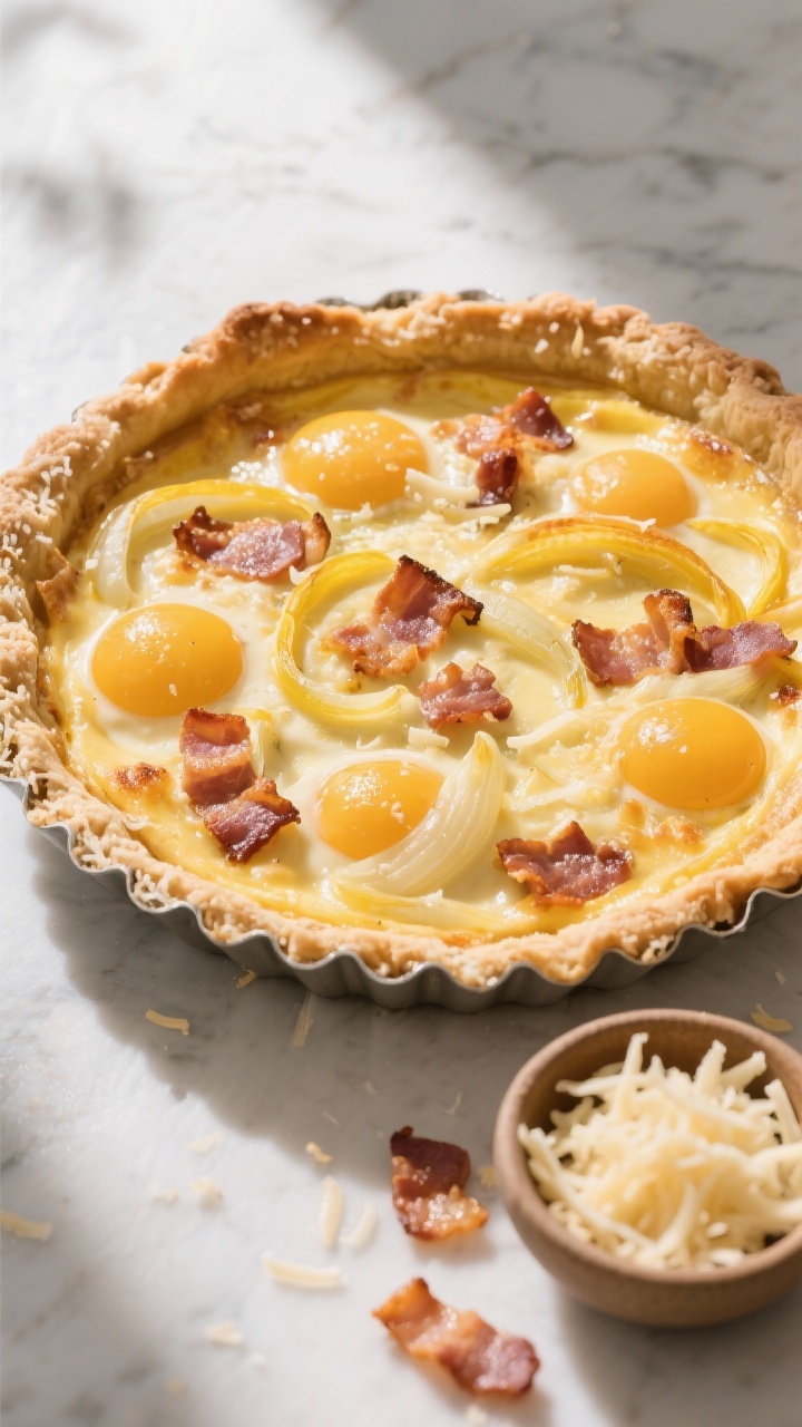 Overhead shot of a golden Parmesan cloud crust Quiche Lorraine just out of the oven in a round tart tin: crisp, lacy edges of finely grated real Parmesan forming the crust, a custard of 6 large eggs and cream set with visible pockets of melted Gruyère, ribbons of thinly sliced yellow onion, and diced thick-cut bacon rendered bronzed on top; styled on a light marble surface with a small bowl of extra Gruyère shreds and a few bacon lardons scattered, natural window light highlighting the glossy custard and crunchy cheese crust.