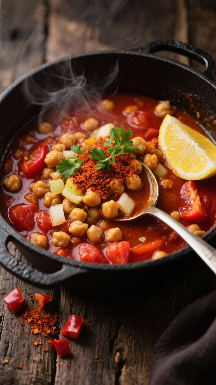 Overhead shot of a hearty smoky chickpea and tomato stew in a wide matte-black dutch oven on a rustic wooden surface, steam rising. Visible ingredients: plump chickpeas, diced yellow onion, minced garlic, red bell pepper, crushed tomatoes, and a dusting of smoked paprika swirling through a deep red broth; optional glisten of extra-virgin olive oil on the surface. Garnish with chopped parsley and a lemon wedge on the side for brightness. Warm, moody lighting to emphasize the smoky, dinner-worthy vibe; no people, just the pot, a ladle, and a few scattered smoked paprika pinches and raw red pepper dice nearby.