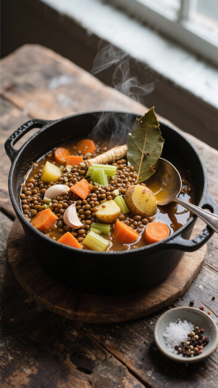 Overhead shot of a hearty Smoky Lentil & Root Vegetable Power Pot simmering in a matte black Dutch oven: visible brown lentils, diced yellow onion, minced garlic, chunky carrots, celery, and parsnips with a rustic diced potato, glistening in extra-virgin olive oil and a subtle smoky seasoning; steam rising, bay leaves tucked in, warm autumnal palette of oranges and tans, set on a worn wooden table with a ladle and a small dish of sea salt and cracked pepper; moody, natural window light, shallow depth of field highlighting the root vegetable textures.
