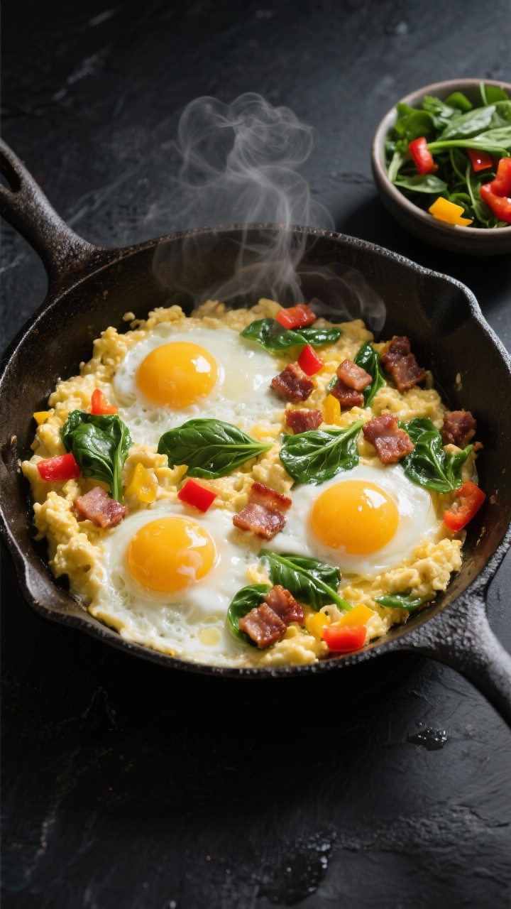 Overhead shot of a keto breakfast scramble just cooked in a cast-iron skillet: fluffy curds of 3 large eggs enriched with 2 tablespoons heavy cream, dotted with diced breakfast sausage or bacon, chopped baby spinach, and red and yellow bell pepper bits, all glistening in 1 tablespoon ghee. Place the skillet on a matte black surface with a small bowl of extra chopped spinach and bell pepper on the side, steam gently rising, natural morning light, crisp focus on the glossy eggs and browned sausage, no people.