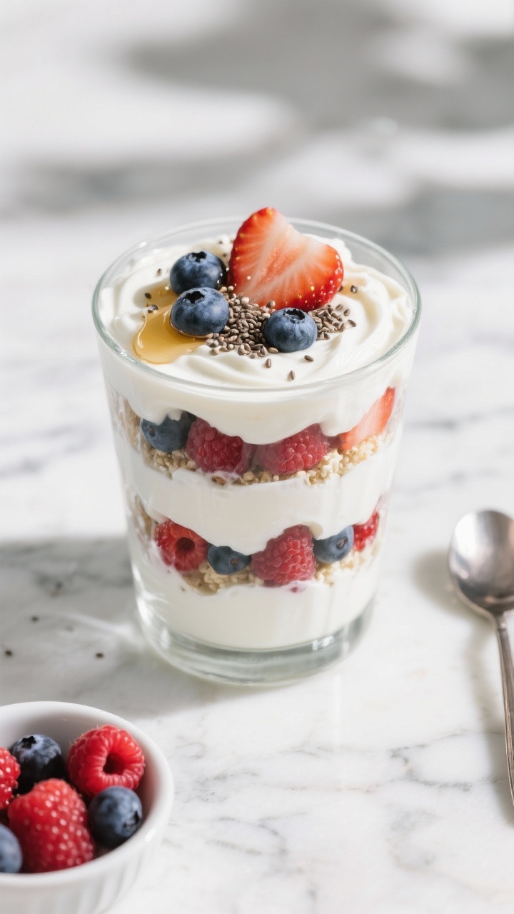 Overhead shot of a layered Power Breakfast Parfait in a clear glass: 1 cup plain Greek yogurt (2% or 0%), optional 1/2 cup cottage cheese swirled in, 1/2 cup mixed berries (blueberries, sliced strawberries, raspberries) scattered between layers, 1 tablespoon chia seeds sprinkled on top, a light drizzle of honey, set on a cool marble surface with a small bowl of extra berries and a spoon; bright morning light, crisp textures, creamy-white yogurt contrasting with jewel-toned berries.