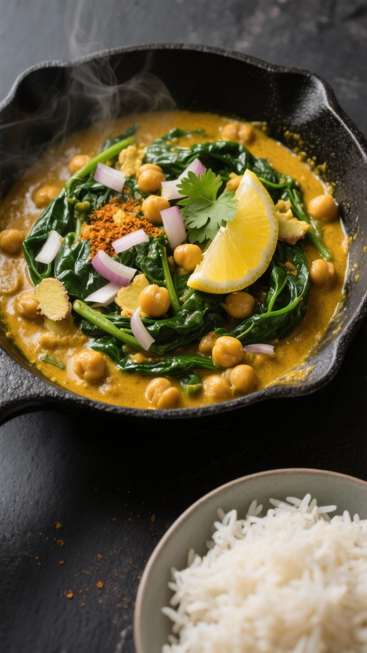 Overhead shot of a lightning-fast chickpea and spinach curry simmering in a shallow black skillet: golden curry sauce with visible chickpeas, wilted spinach ribbons, finely chopped yellow onion, minced garlic and grated fresh ginger, seasoned with curry powder and ground cumin. Garnish with a squeeze of lemon and fresh cilantro, served alongside steamed basmati rice in a separate bowl. Soft window light, matte dark backdrop, subtle steam, professional food styling emphasizing the vibrant green spinach against the warm yellow curry.