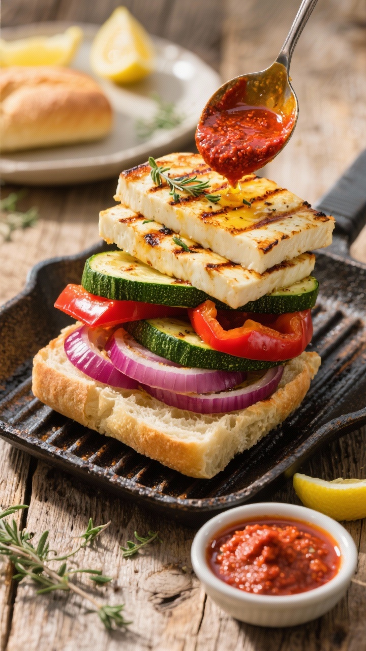 Overhead shot of a Mediterranean grilled vegetable stack being assembled: toasted ciabatta roll halves on a charred grill pan, golden-seared halloumi slices with grill marks, long zucchini planks, quartered red bell pepper pieces, and thick half-inch rounds of red onion, with a small bowl of vivid red harissa being spooned over; olive oil sheen, scattered oregano, and lemon wedges on a rustic wooden surface, bright, sunlit Mediterranean mood.