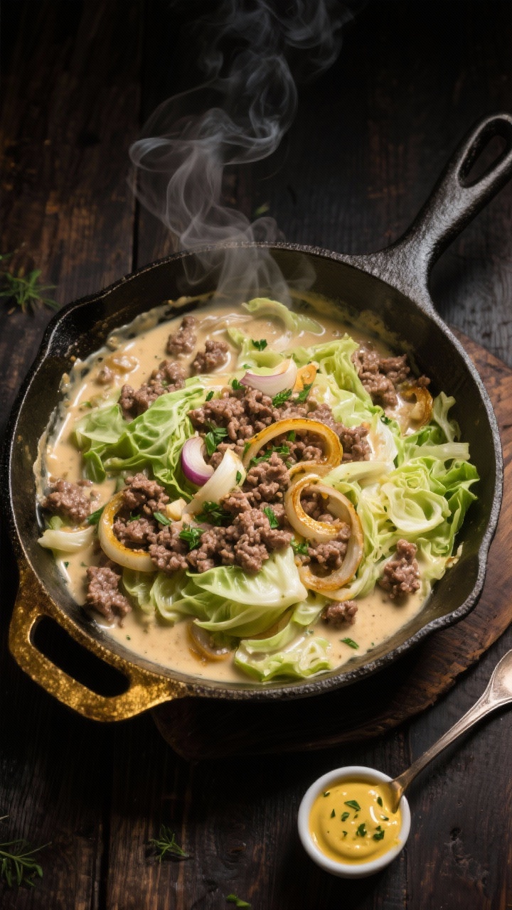 Overhead shot of a rustic cast-iron skillet on a dark wood surface, filled with a creamy sauté of 1 lb ground beef, thinly sliced green cabbage ribbons (about 6 cups), caramelized thin onion slices, and minced garlic, all coated in a glossy heavy cream sauce whisked with Dijon mustard and flecked with chopped fresh herbs; visible steam, golden fond on skillet edges, a small ramekin of Dijon and a spoon with herbed mustard nearby, moody lighting, crisp textures of cabbage contrasting with rich cream.