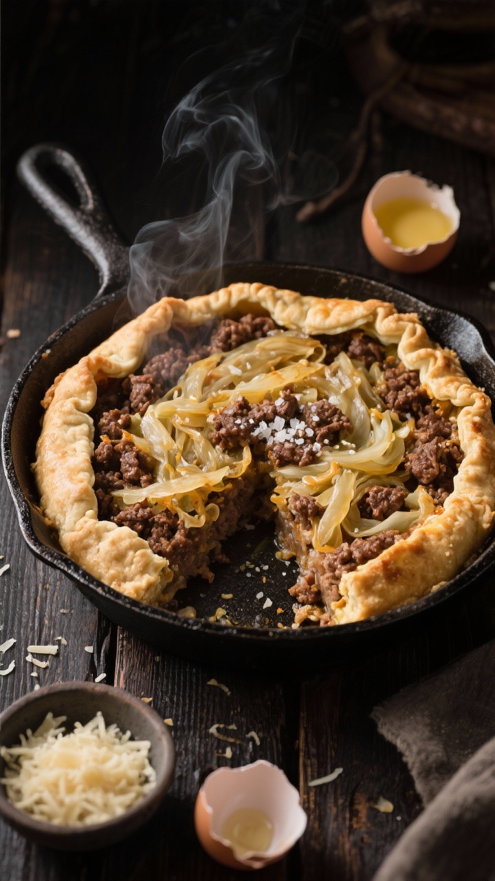 Overhead shot of a rustic cast-iron skillet smoky beef and sauerkraut pie with a golden almond flour–Parmesan crust, visible crimped edges brushed with melted butter. The filling shows browned ground beef with caramelized edges, ribbons of sauerkraut peeking through, flecks of sea salt and garlic powder, and a light smoky sheen. Styled on a dark wood surface with a small bowl of grated Parmesan, a pat of ghee, and a cracked egg nearby; moody lighting emphasizes the crisp crust texture and steam rising from cut slice.