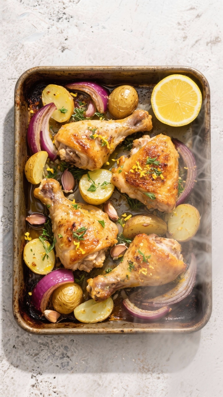 Overhead shot of a rustic sheet pan straight from the oven featuring lemon-herb chicken and potatoes: golden, crispy-skinned bone-in chicken thighs nestled with halved baby gold potatoes and red onion wedges, glossy from olive oil, speckled with lemon zest, minced garlic, and fresh herbs; a halved lemon and a small bowl of lemon juice on the side, steam visible, styled on a light stone surface with minimal props to evoke a sunny weekend vibe.