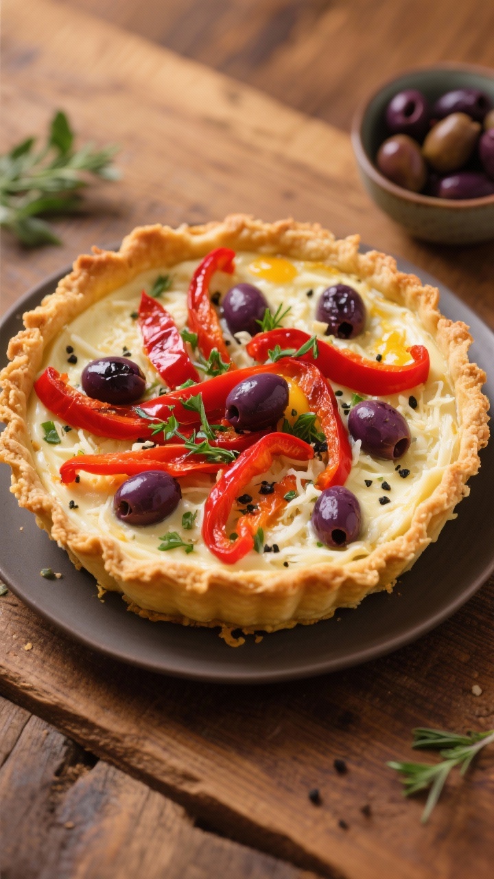 Overhead shot of a Shredded Halloumi Crust Quiche with Roasted Peppers and Olives: coarse-grated halloumi bound with an egg and black pepper pressed into a thin, golden, frico-like crust with frizzled edges; inside, ribbons of roasted red bell pepper and sliced Kalamata olives scattered over a pale custard, sprinkled with chopped fresh herbs; vibrant red and deep purple accents pop against the creamy base; set on a warm wood table with a small bowl of olives.