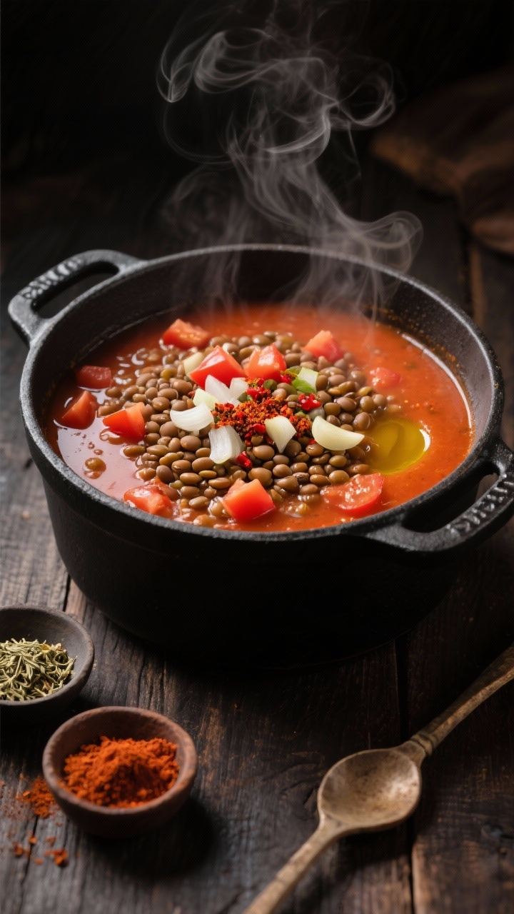 Overhead shot of a smoky lentil and tomato soup simmering in a matte black Dutch oven: brown lentils, diced tomatoes, diced onion, minced garlic, ground cumin, smoked paprika, ground coriander, and a hint of red pepper flakes visible on the surface; a drizzle of olive oil glistens, steam rising; rustic spoon and small bowls of paprika and cumin on a dark wood surface; warm, moody lighting to emphasize the deep red-orange broth and hearty texture.
