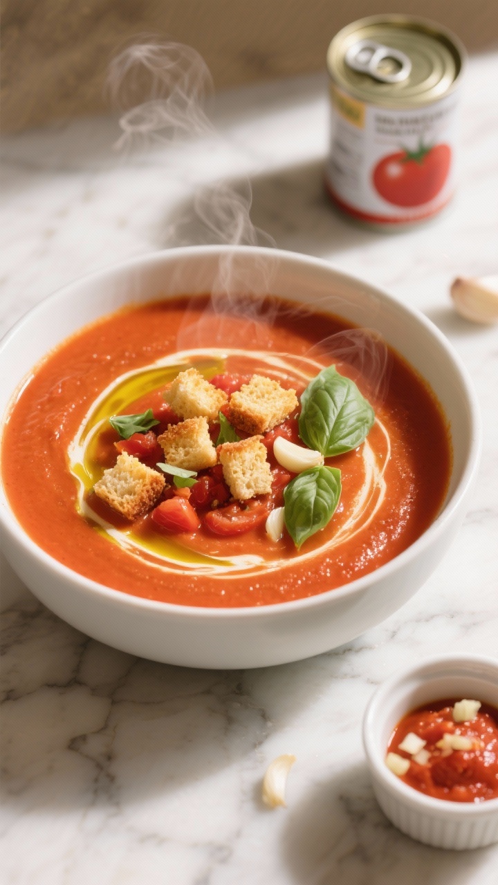 Overhead shot of a steaming creamy tomato-basil soup in a matte white bowl, rich red-orange hue with a glossy swirl of olive oil, topped generously with golden garlic croutons and torn fresh basil leaves; visible textures of crushed tomatoes and silky consistency; a small ramekin of tomato paste, minced garlic, and a can of crushed tomatoes off to the side on a marble surface; warm, cozy light with soft shadows, no people, professional styling