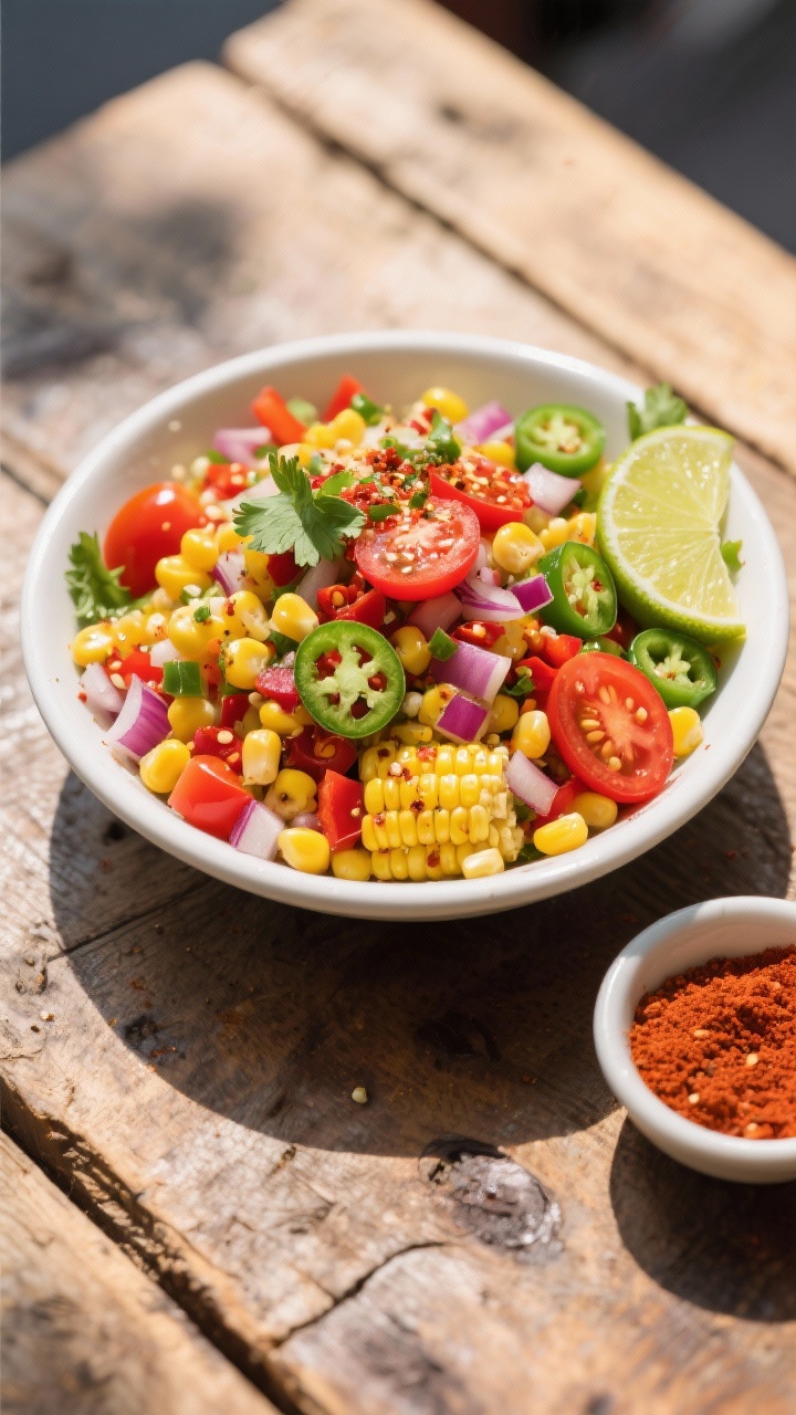 Overhead shot of a street-style corn salad in a wide white bowl: juicy corn kernels, diced red bell pepper, halved cherry tomatoes, finely chopped red onion, and minced jalapeño flecks, tossed with a visible chili-lime seasoning and sprinkled with cilantro; lime wedges and a small bowl of chili powder on the side, styled on a sunlit rustic wooden table for a vibrant, zesty street-food vibe