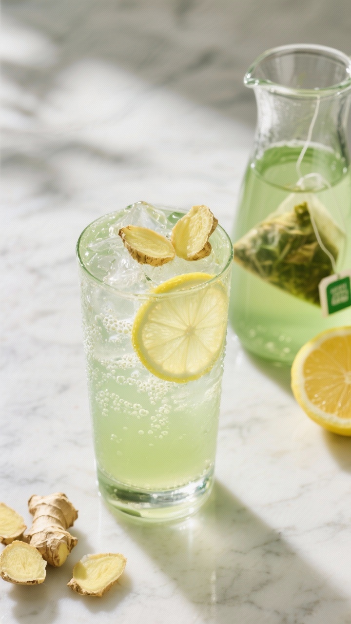 Overhead shot of a tall highball glass filled with a sparkling lemon-ginger green tea spritz over ice: pale green tea base with fine bubbles, thin coins of fresh ginger and a lemon wheel inside the glass, fresh lemon juice brightness, condensation on glass; a small carafe of chilled green tea (brewed from 3 green tea bags in 2 cups hot water, diluted with 1 cup cold water) nearby, lemon wedges and ginger slices scattered on a light marble surface; clean, sunlit mood, crisp highlights, professional styling.