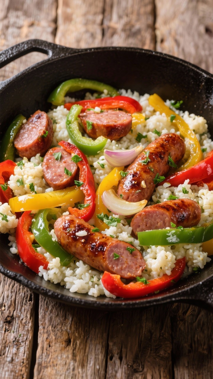 Overhead shot of a vibrant sausage, pepper, and cauliflower rice skillet: sliced Italian sausage (browned), ribbons of red and green bell peppers, translucent yellow onion slices, and minced garlic tossed with fluffy riced cauliflower; olive oil sheen and slight char on sausage edges; garnished with chopped parsley; served in a large black skillet on a rustic wooden table for weeknight comfort.