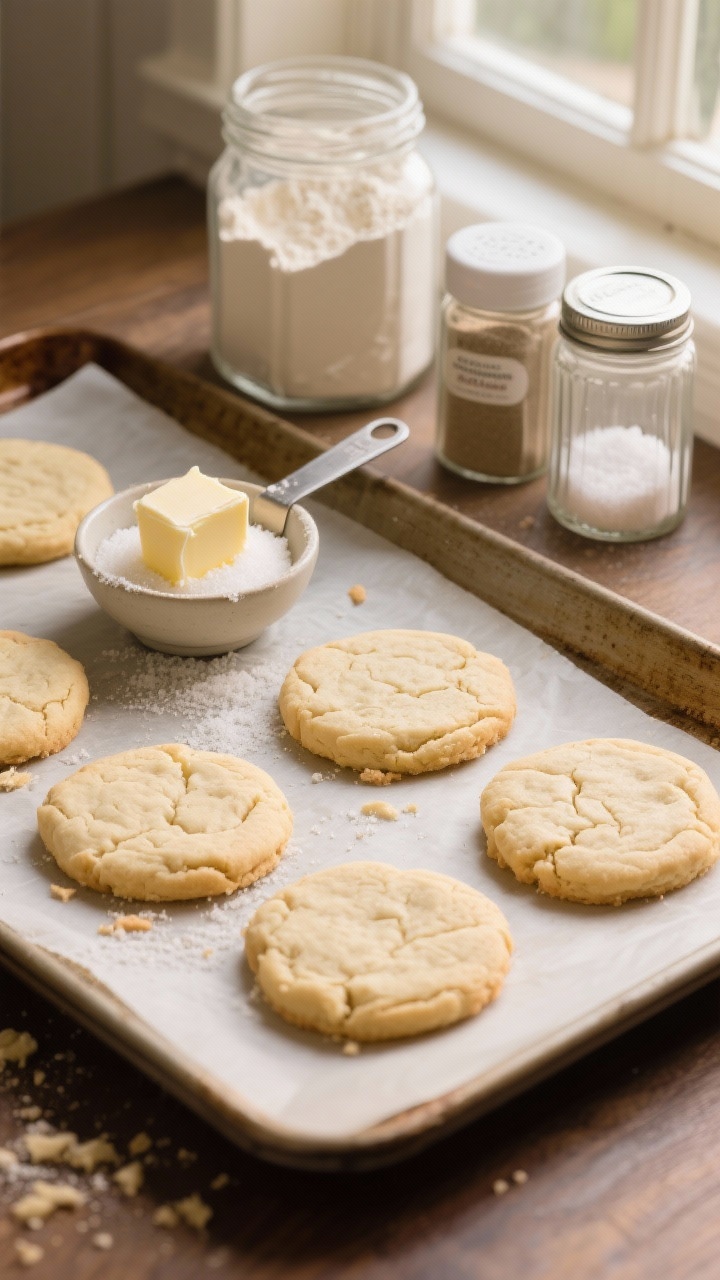 Overhead shot of classic bakery-soft sugar cookies: a parchment-lined baking sheet with freshly baked, pale-golden, thick round cookies with crackly tops and soft edges, a small bowl of granulated sugar for rolling, a stick of softened unsalted butter, a measuring cup of all-purpose flour, and open jars of baking soda, baking powder, and fine sea salt off to the side; warm, natural window light, shallow crumbs on the surface, soft-focus background to emphasize the melt-in-your-mouth texture.