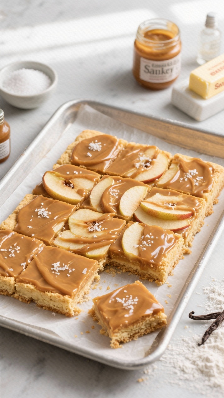 Overhead shot of Classic Bakery-Style Salted Caramel Apple Dessert Bars just cut into neat squares on a parchment-lined metal baking pan, golden shortbread base made from melted unsalted butter, granulated sugar, light brown sugar, vanilla, and all-purpose flour; glossy salted caramel drizzled over a tender apple layer with a sprinkle of flaky sea salt; include visible ingredients around the pan: a small bowl of granulated sugar, a jar of caramel, a stick of butter wrapper, vanilla extract bottle, and a dusting of flour; cool neutral backdrop, soft window light, crisp shadows, high detail on buttery crumb and caramel sheen.