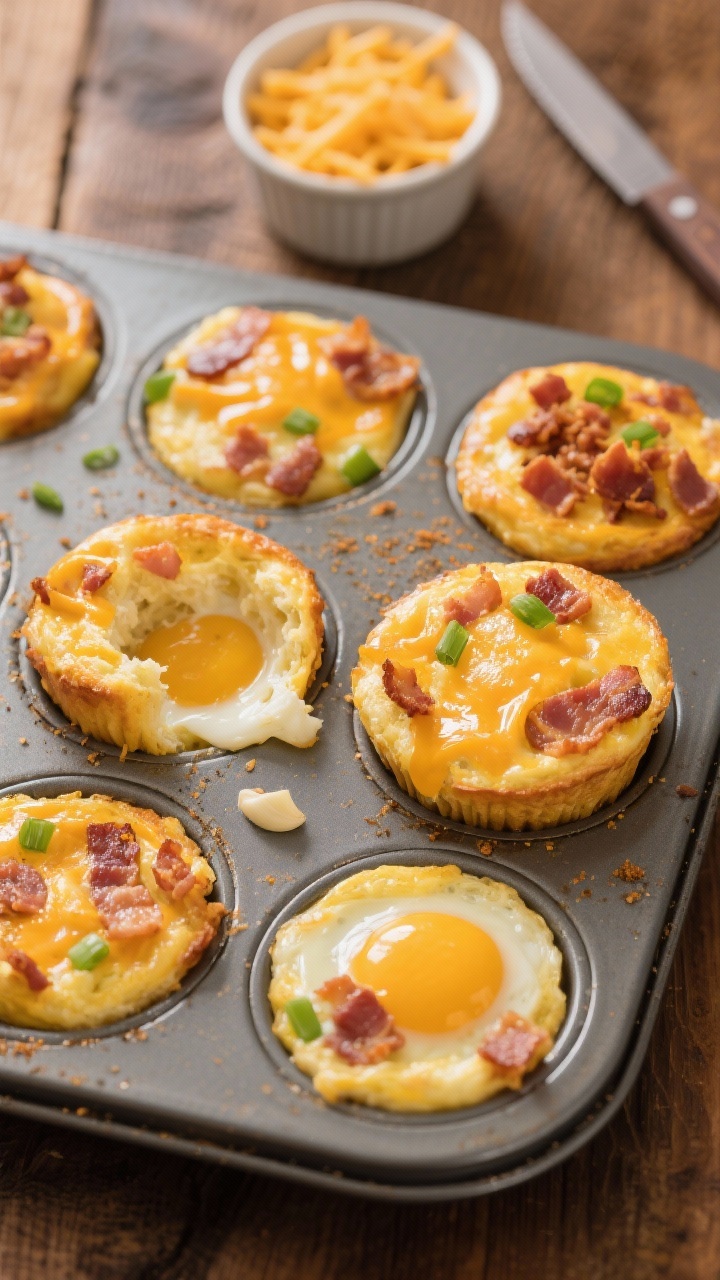 Overhead shot of classic cheesy bacon breakfast egg muffins just out of the oven in a nonstick muffin tin, golden tops bubbling with sharp cheddar, visible crumbled thick-cut bacon and finely sliced green onions, eggs whisked with whole milk for a custardy texture, a light sprinkle of garlic powder on top; styled on a warm wooden surface with a small bowl of extra cheddar, a ramekin of bacon crumbles, and a knife resting beside one muffin turned sideways to show the fluffy, cheesy interior. Natural morning light, crisp focus, no people.