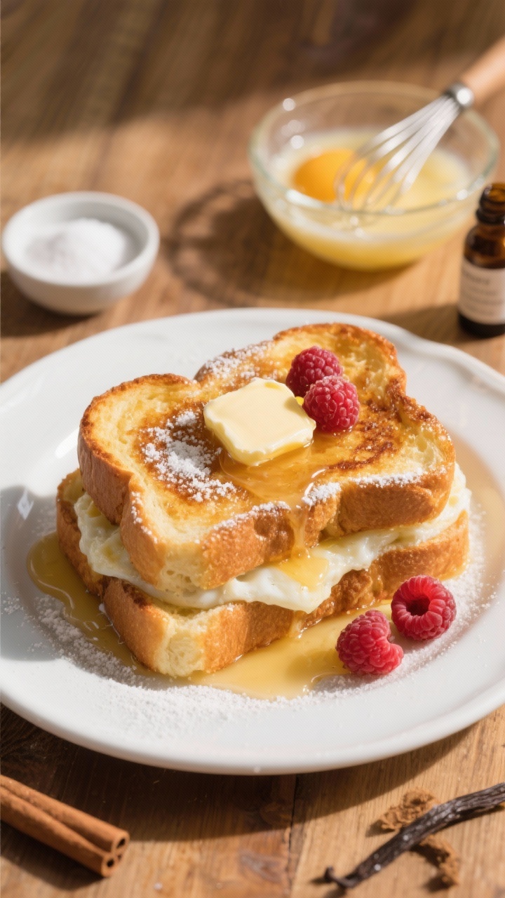 Overhead shot of Classic Cloud Bread French Toast: thick, golden slices of cloud bread pan-fried in butter until lightly crisp at the edges, stacked and dusted with powdered “sweetener,” drizzled with sugar-free syrup, topped with a pat of melting butter and a few fresh raspberries; show airy, eggy interior with visible fluff. Props: white ceramic plate on a warm wood table, small bowl of keto sweetener, whisked egg mixture in a glass bowl, vanilla extract bottle, cinnamon pinch nearby. Bright morning light, soft shadows, appetizing and cozy.