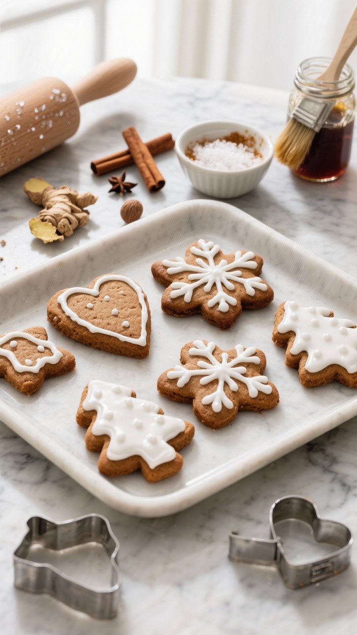 Overhead shot of classic soft cut-out gingerbread cookies freshly baked and cooled, neatly decorated with glossy white royal icing in snowflakes, trees, and hearts. Visible ingredients styled around the tray: a small bowl of ground ginger, cinnamon sticks, pinches of ground cloves and nutmeg, a ramekin of fine sea salt, and a jar of molasses with a pastry brush. Warm brown cookie tones with crisp icing lines, on a cool marble surface with a rolling pin and metal cutters, natural window light, shallow shadows, no people.