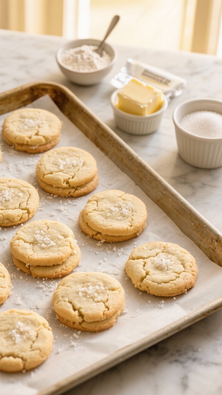 Overhead shot of Classic Soft Sugar Cookies that stay chewy: freshly baked round sugar cookies with crackly tops and soft centers on a parchment-lined sheet pan, lightly dusted with fine sea salt sparkle; include a small bowl of all-purpose flour (spooned and leveled), a ramekin of baking powder and baking soda, softened unsalted butter pat on wrapper, and a cup of granulated sugar nearby; warm golden tones, natural window light, minimal props on a marble surface to emphasize the cookies’ tender, chewy texture.