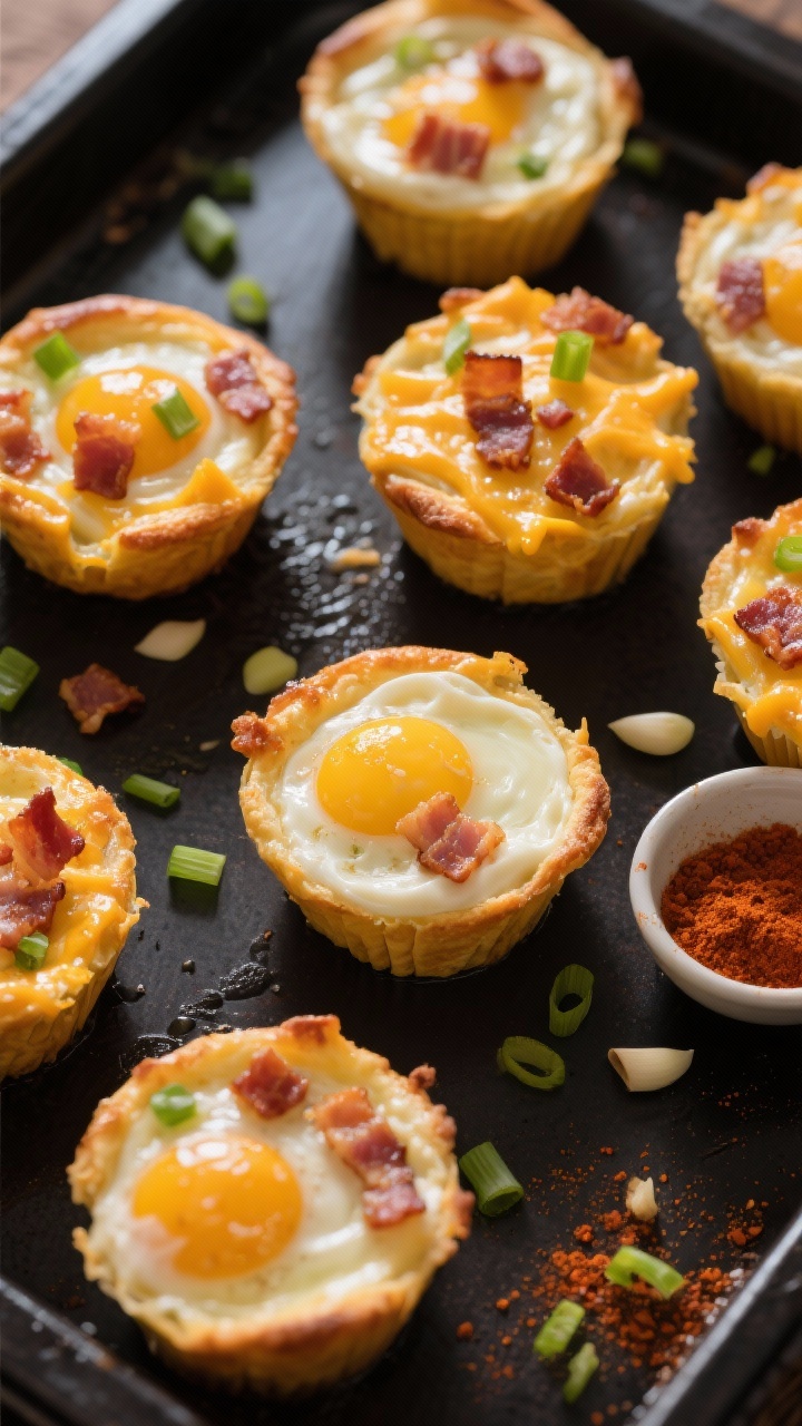 Overhead shot of creamy bacon-egg breakfast cups fresh from a muffin tin: golden baked eggs swirled with heavy cream, melted cheddar/Gruyère bubbling on top, flecks of chopped thick-cut bacon, scallions, garlic powder and smoked paprika visible; a few cups sliced open to show custardy interior and crisp bacon bits; styled on a matte black sheet pan with scattered scallions and a small bowl of smoked paprika; warm morning light, shallow shadows, no people.