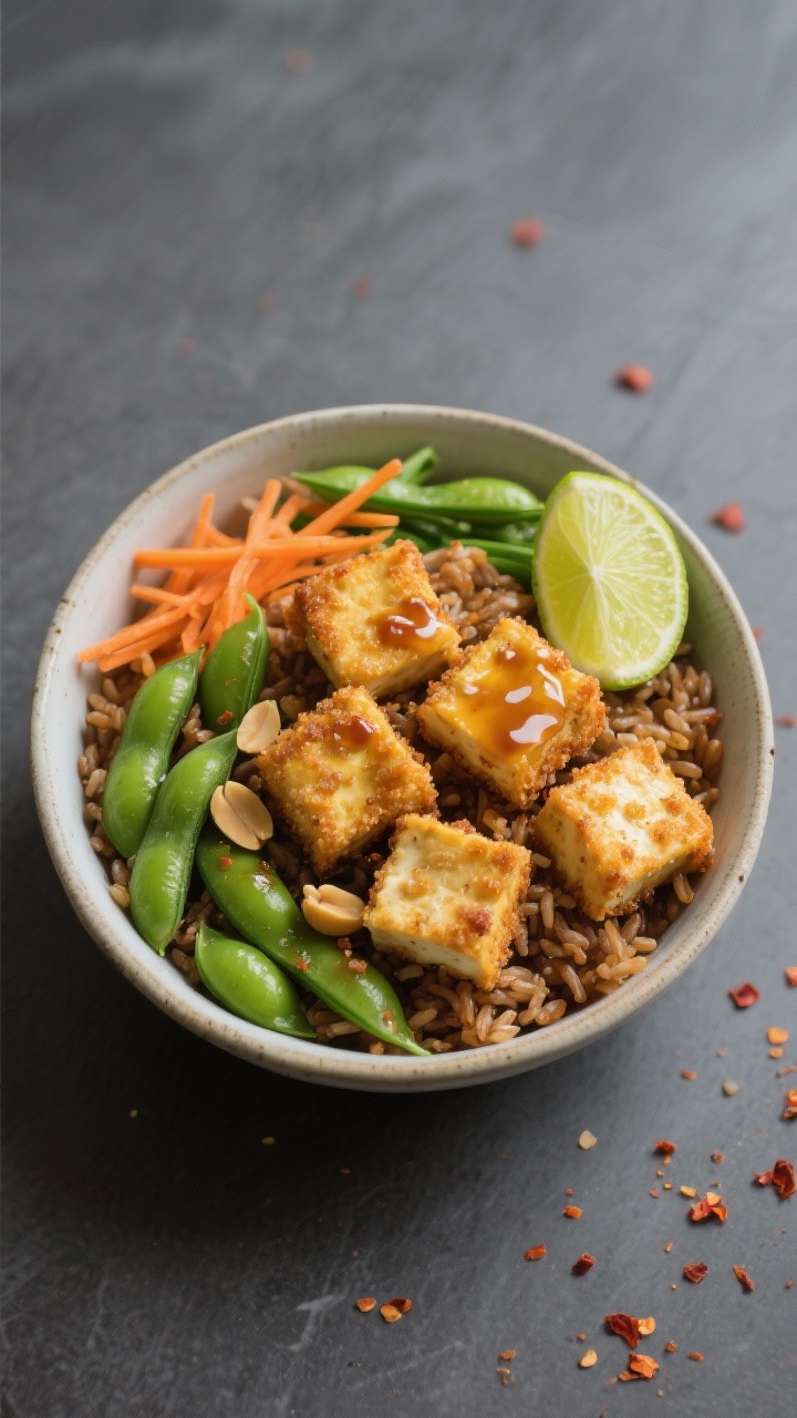 Overhead shot of crispy chili-garlic tofu bowls: golden-brown cornstarch-crusted tofu cubes seared in neutral oil over fluffy brown rice, with bright green edamame, shredded carrots, and a glossy peanut-lime drizzle pooling on the tofu; lime wedges and chili flakes scattered; clean ceramic bowl on a matte slate background, vibrant contrast, sharp textures, no people, professional studio lighting.