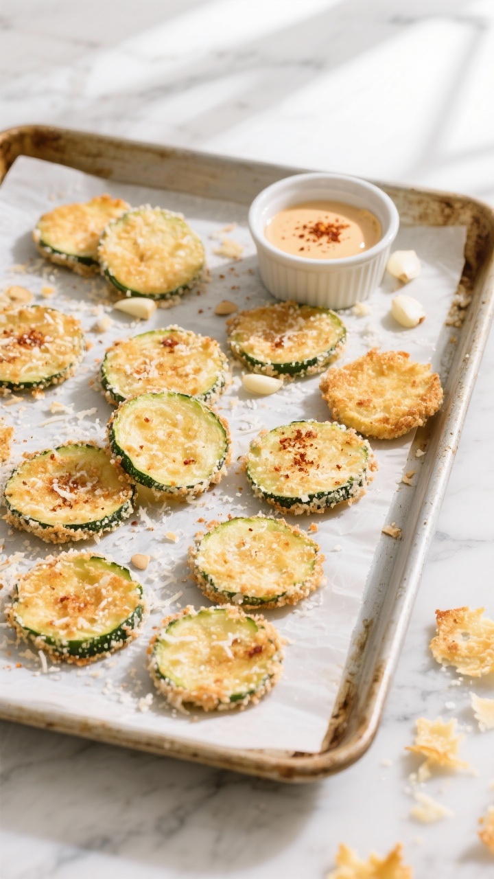 Overhead shot of crispy Parmesan zucchini chips just out of the oven on a parchment-lined sheet pan: 1/8-inch zucchini rounds coated in finely grated Parmesan, almond flour, garlic powder, smoked paprika, and sea salt, visibly golden and lacy at the edges, with a small ramekin of garlic-paprika dip on the side; crumbs and cheese frico scattered; bright, natural window light, high contrast, clean marble surface, no people.