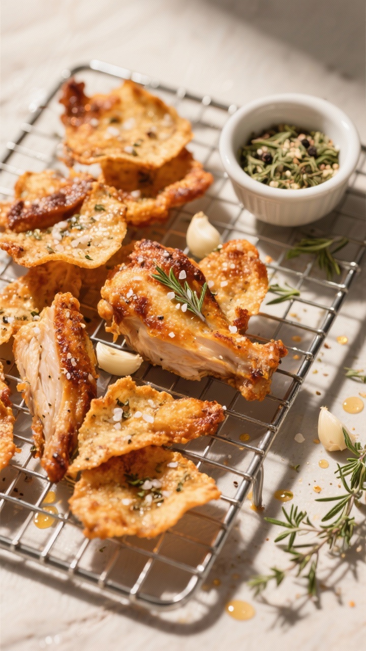 Overhead shot of garlic-herb chicken skin “chips” on a wire rack: wafer-thin, blistered chicken skins baked to deep golden brown, seasoned with kosher salt, black pepper, garlic powder, and dried thyme/rosemary. Small ramekin of herb salt on the side, a few stray thyme leaves. Grease dots glistening under warm light to emphasize chicharrón-style crispness.