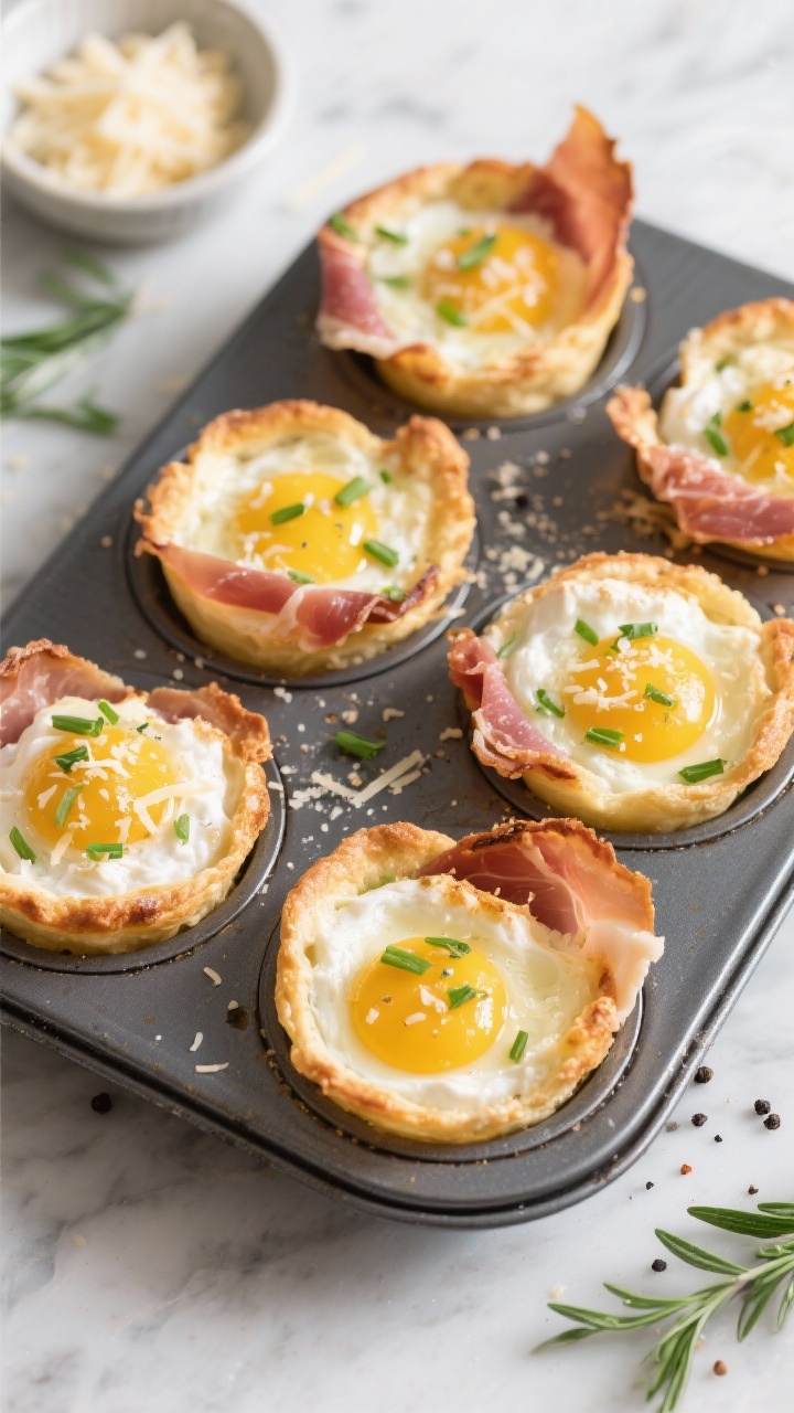 Overhead shot of golden cloud egg cups just out of the oven in a muffin tin, fluffy whipped egg whites with grated Parmesan folded in, yolks nestled on top, edges wrapped in crispy torn prosciutto, sprinkled with chopped fresh chives, parsley, a pinch of sea salt, garlic powder, and a dusting of black pepper; styled on a light marble surface with a small bowl of extra Parmesan and herb sprigs for garnish, bright morning light, crisp textures emphasized.