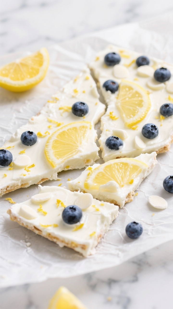 Overhead shot of lemon blueberry frozen yogurt bark on a sheet of parchment: Greek yogurt sweetened with honey spread in an even slab, rippled with lemon zest and a squeeze of lemon juice; dotted with fresh blueberries and scattered white chocolate chips; bark cracked into irregular shards with zesty flecks visible; bright, airy lighting, cool marble surface, refreshing citrus-forward mood.