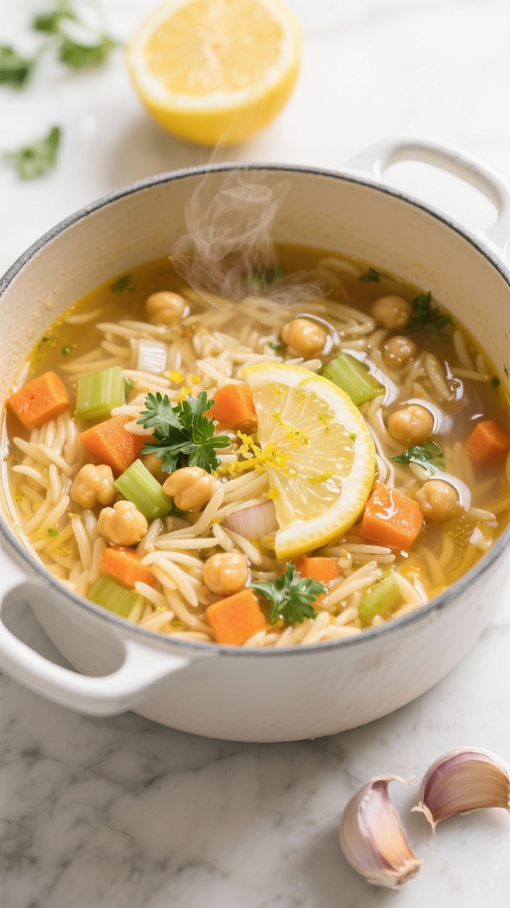 Overhead shot of Lightning Lemony Chickpea Orzo Soup in a white enamel pot: glossy orzo, plump chickpeas, diced carrot and celery, finely chopped onion, floating lemon slices and zest, parsley sprigs, in a clear golden vegetable broth; steam rising; olive oil sheen; styled on a light marble surface with a lemon half and garlic cloves nearby.