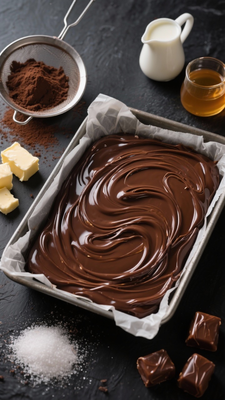 Overhead shot of midnight cocoa caramels with silky chocolate swirl set in a parchment-lined pan: deep cocoa-brown caramel marbled with glossy melted chocolate ribbons. Include mise en place around the pan: Dutch-process cocoa in a sieve leaving a dusting on the counter, cubes of unsalted butter, granulated sugar, light corn syrup, heavy cream, and whole milk in small pitchers. Clean graphic composition on a dark matte surface to enhance contrast, professional studio lighting to emphasize the smooth, satiny finish and sharp edges.
