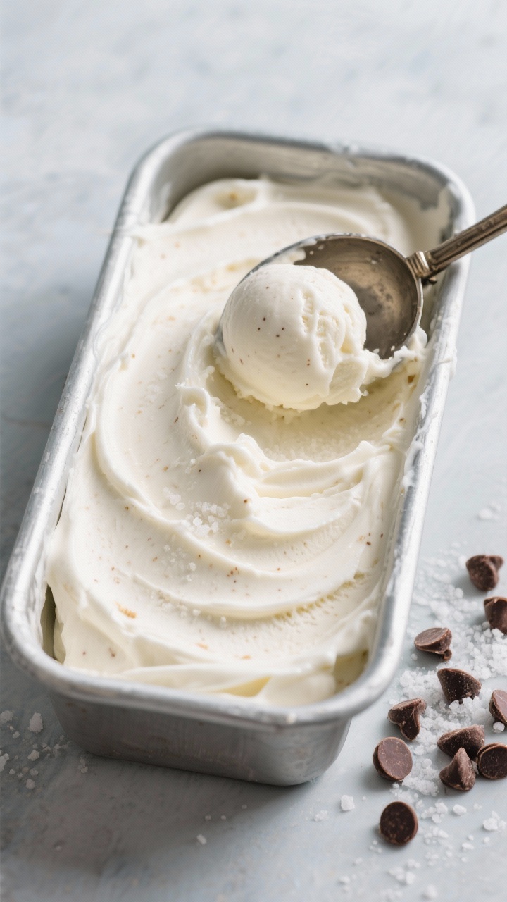Overhead shot of no-churn keto ice cream being scooped from a chilled metal loaf pan: pillowy, pale ivory folds with tiny vanilla flecks, made from cold heavy whipping cream and keto sugar-free condensed milk, a dusting of sea salt nearby; optional mix-ins shown as scattered sugar-free chocolate chips on the side, vintage scoop creating clean, rounded quenelles; cool-toned backdrop for a fresh, creamy mood.