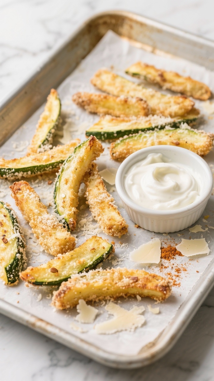 Overhead shot of Parmesan zucchini fries just out of the oven: golden, finely grated Parmesan and almond flour crust with visible garlicky flecks (garlic powder, onion powder) on fry-sized zucchini sticks. Served on a parchment-lined sheet pan with a small ramekin of garlicky yogurt dip, scattered Parmesan shavings and a dusting of onion powder. Neutral ceramic and light marble backdrop, crisp texture emphasized, no people.