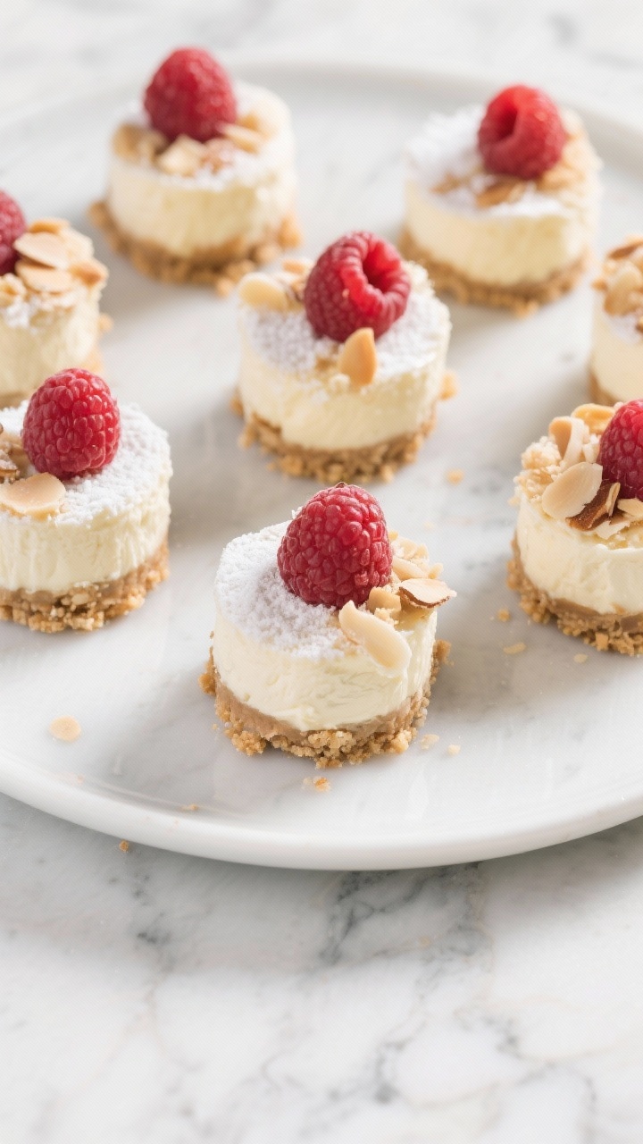 Overhead shot of raspberry cheesecake bites with almond crunch on a chilled white platter: visible almond flour crumb base bound with melted unsalted butter and honey, topped with creamy layer made from softened cream cheese, Greek yogurt, powdered sugar, and a hint of vanilla, crowned with fresh raspberries and a light dusting of almond crumble; cool-toned marble background, crisp highlights, minimal props, emphasis on contrasting textures—crunchy almond base and silky cheesecake.