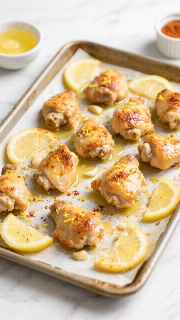 Overhead shot of sheet-pan lemon butter chicken bites fresh from the oven: golden-browned 1-inch chicken thigh pieces glistening with melted butter and olive oil, speckled with lemon zest, minced garlic, and smoked paprika; thin lemon slices roasted alongside, light caramelization on edges; sheet pan lined with parchment, small bowl of lemon juice and a ramekin of smoked paprika nearby; bright, clean lighting to emphasize juicy texture and glossy butter-lemon sheen; no people, pro food styling.
